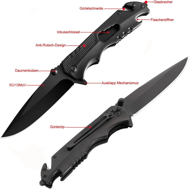 5-in-1 Multitool Folding Knife, Stainless Steel, Black - Camping Knife with Bottle Opener, Glass Breaker, Seatbelt Cutter and Wrench - Image 2