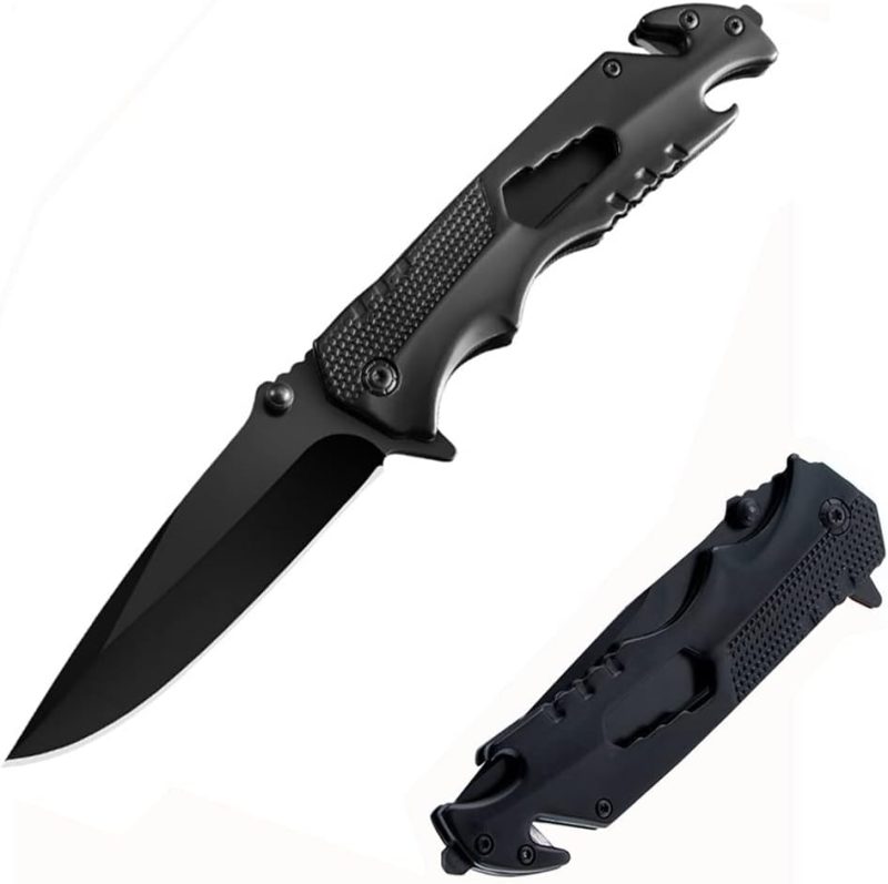 5-in-1 Multitool Folding Knife, Stainless Steel, Black - Camping Knife with Bottle Opener, Glass Breaker, Seatbelt Cutter and Wrench