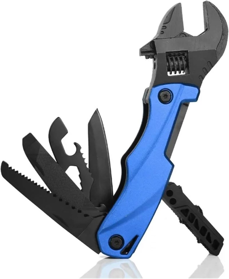 Outdoor Camping Multifunctional Wrench Pliers Multi-Purpose Adjustable Wrench Folding Knife Saw EDC Wrench Combination Tool (Color : Blue),