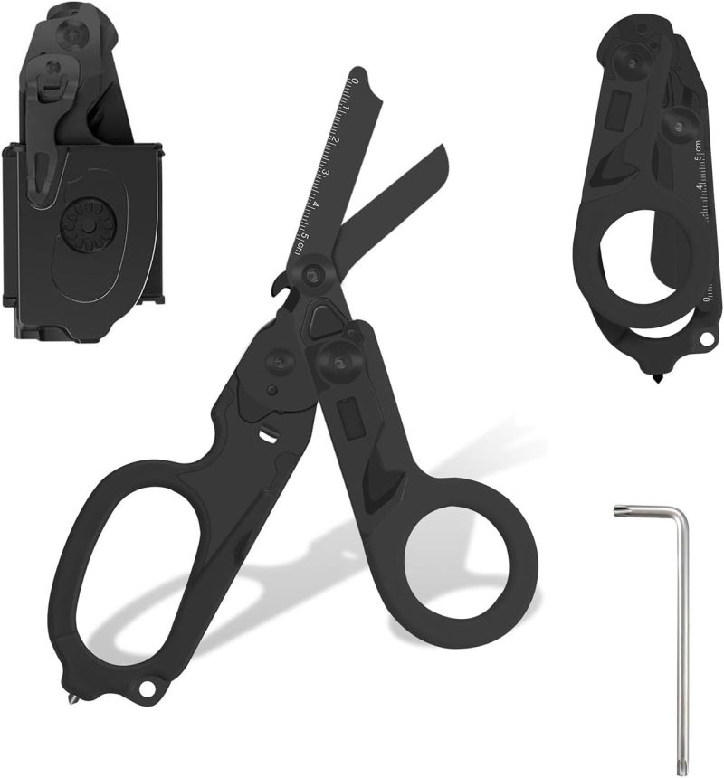 6 In 1 Multifunctional Trauma Shears, Emergency Rescue Shears With Holster,Stainless steel folding scissor pliers,Outdoor Camping Multifunctional Rescue Scissors Tools (Carbon Black)