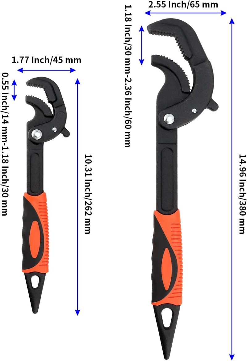 4 PCS Multi-Function Adjustable Wrench, 0.6-1.2" & 1.2-2.4" Self Adjusting Spanner Wrench, Universal Power Grip Pipe Wrench, 10 Inch and 15 Inch - Image 2