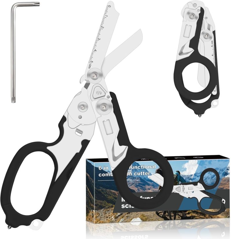 6 in 1 Multifunctional Combination Tool, Folding Retractable Emergency Shears, Outdoor Camping Tools, Seat Belt Cutter, Oxygen Cylinder Wrench, Complimentary Adjustable Wrench (black)